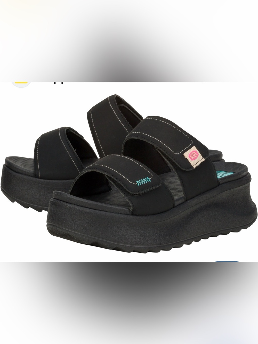 Hey Dude Black Platform Slide Sandals with Teal Accent - Women